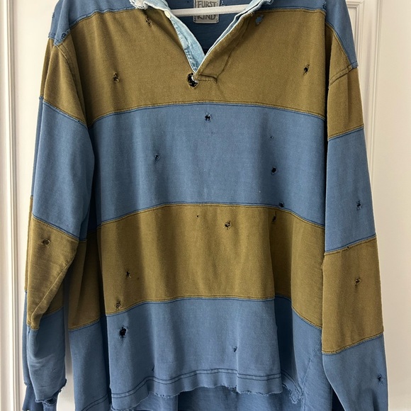 LF Striped Blue and Olive Long Sleeve rugby shirt. Denim collar - Picture 1 of 4
